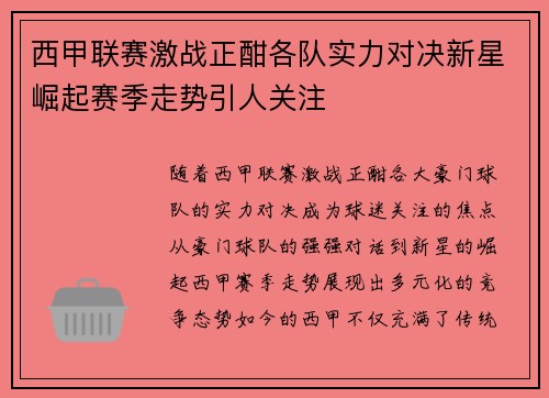 西甲联赛激战正酣各队实力对决新星崛起赛季走势引人关注