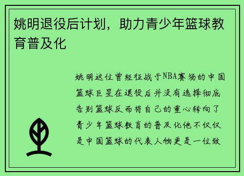 姚明退役后计划，助力青少年篮球教育普及化