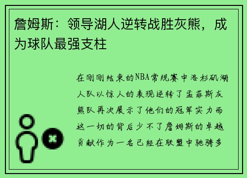 詹姆斯：领导湖人逆转战胜灰熊，成为球队最强支柱